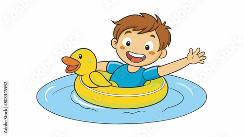 A child splashing in the pool holding onto a bright yellow floatie. The floatie is shaped like a duck with a friendly smile and the child giggles as. Cartoon Vector