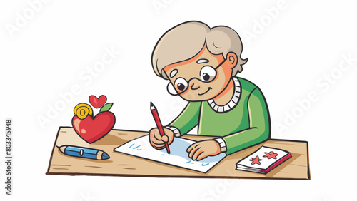 A child writing a letter to their grandparent carefully selecting and arranging each word to convey their love and appreciation. The child adds little. Cartoon Vector
