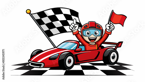 A classic red and white checkered flag waves proudly in the air as the winner of the championship race crosses the finish line in his sleek and speedy. Cartoon Vector