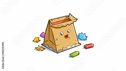 A cled torn paper bag with ripped edges lying on the street. Inside there are bits of ripped paper used tissues and candy wrappers tered a the cled. Cartoon Vector