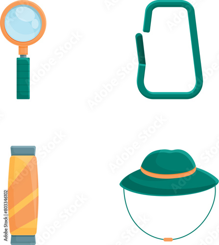 Hiking equipment icons set cartoon vector. Various tool for hiking. Active lifestyle