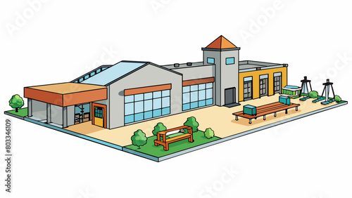 A community center where people gather for various activities and events. The center has a large multipurpose room a gymnasium for sports and fitness. Cartoon Vector