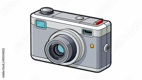 A compact camera with a sleek silver body and a small lens protruding from the front. The camera has a small screen on the back and a button on the. Cartoon Vector