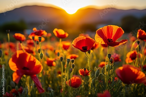 Field of red poppies at sunset with mountains in the distance