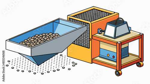 A compact portable machine with a powerful motor and a single mesh screen on top. The operator pours raw materials onto the screen and the machine. Cartoon Vector