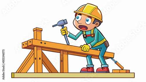 A construction worker on a hot summer day standing on a scaffold and hammering nails into a wooden frame. Their muscles tense and sweat drips from. Cartoon Vector