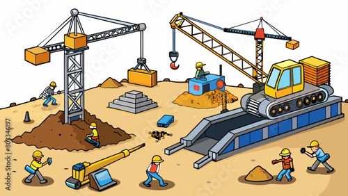 A construction site with cranes bulldozers and other heavy equipment at work. Piles of dirt and gravel surround the site and the sharp sound of drills. Cartoon Vector