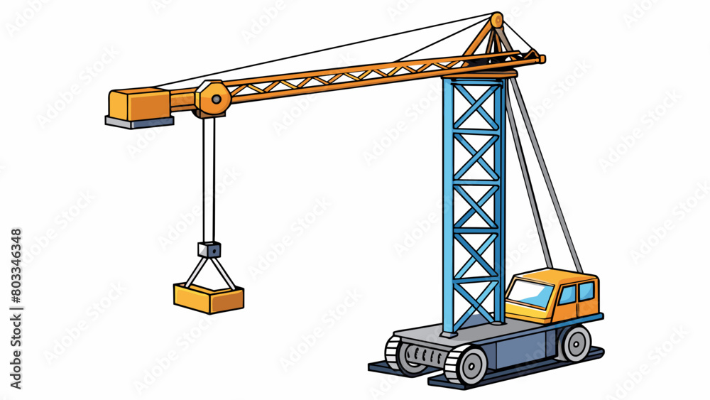 A crane with a tall jiblike structure attached to a strong vertical tower. It has thick cables and pulleys for hoisting and precise movements and may. Cartoon Vector A crane with a tall jiblike structure attached to a strong vertical tower. It has thick cables and pulleys for hoisting and precise movements and may. Cartoon Vector