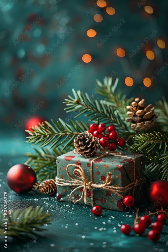 Christmas background with a gift, fir branches and red berries