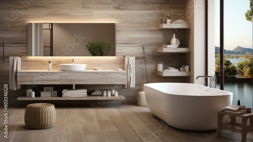 Bathroom interior with bathtub, sink and shelves