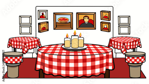 A cozy Italian restaurant with red checkered tablecloths and dim lighting. The tables are adorned with small candles and a basket of warm crusty bread. Cartoon Vector