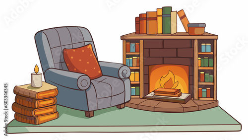 A cozy fireplace crackling and bringing warmth to a chilly cabin. A worn leather armchair sits next to it with a soft knitted throw dd over the back.. Cartoon Vector