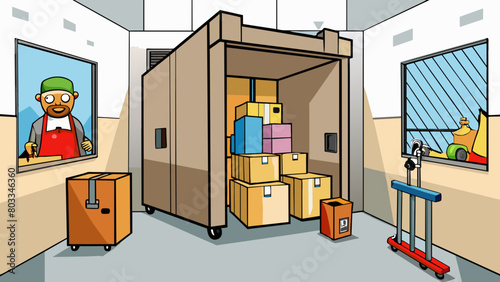 A cramped graffiticovered freight elevator in a warehouse. Cardboard boxes and crates line the walls and a metal gate separates the passengers from. Cartoon Vector