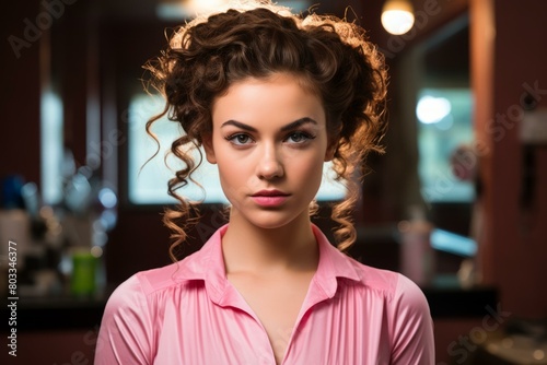 portrait of a beautiful young woman with brown hair and pink shirt