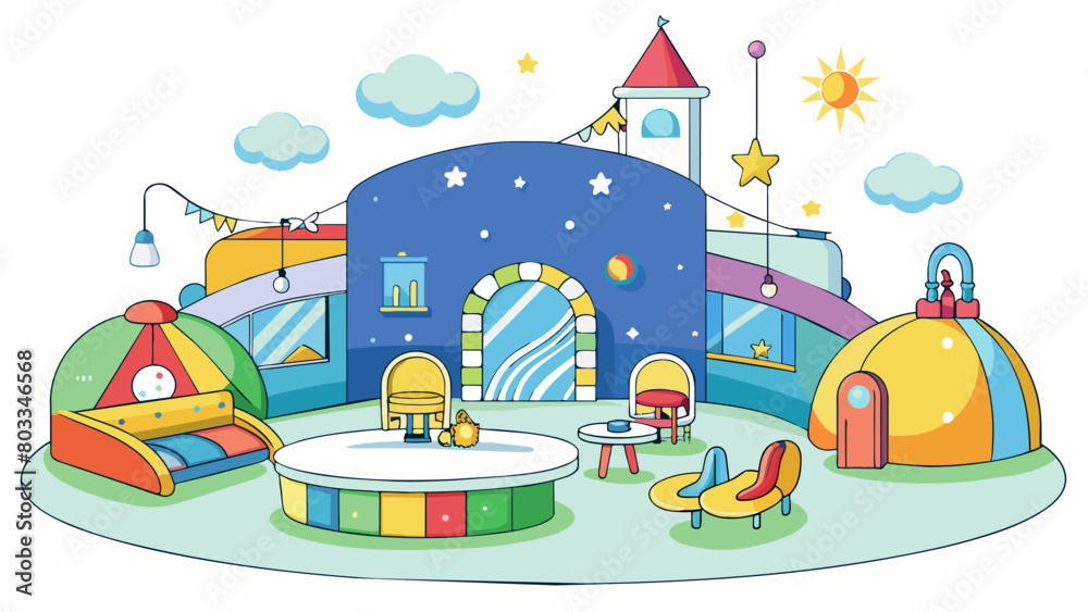A familyfriendly hotel with a whimsical theme like a pirate ship or enchanted forest. The lobby is designed to resemble a giant playroom with beanbag. Cartoon Vector