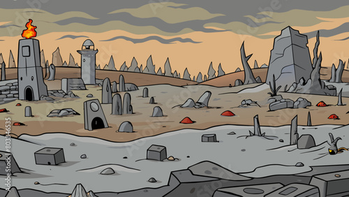A desolate and barren wasteland where the sky is a perpetual dark gray and the ground is coated in a layer of ash. The few remaining structures are. Cartoon Vector