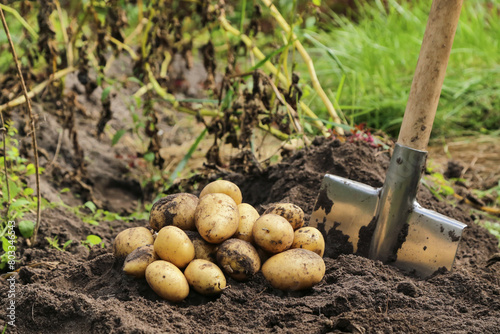 Organic potato harvest. Freshly harvested dirty yellow potato with shovel on soil in farm garden photo