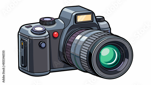 A DSLR camera with a bulky black body and a large lens attached to the front. The camera has a flipout screen on the back and various buttons and. Cartoon Vector photo