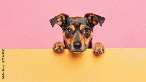 Curious Dog Peeking Over Yellow and Pink Wall photo