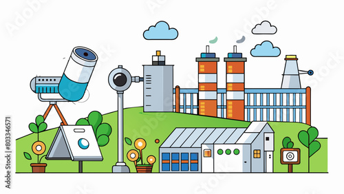 A drawing of a chemical plant surrounded by a fence with multiple security cameras is a visual representation of an environmental regulation. The. Cartoon Vector