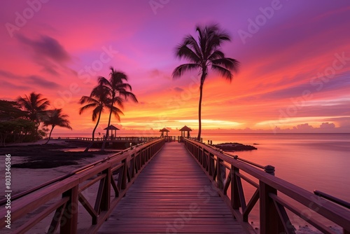 Wooden dock extending into a calm sea at sunset