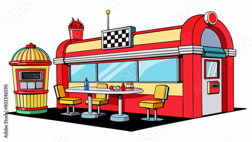 A familyfriendly diner with neon lights and a retro feel. The booths are covered in red vinyl and the jukebox plays classic rock tunes. The menu. Cartoon Vector