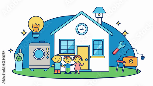 A family home at night where lights are turned on in multiple rooms the TV is playing and the dishwasher is running. The electricity meter outside the. Cartoon Vector