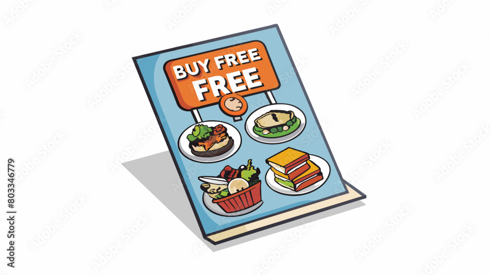 A flyer distributed around the neighborhood showcasing a local restaurants buy one get one free offer. The flyer is printed on glossy paper and. Cartoon Vector