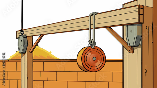 A flat rectangular pulley made of rusted iron mounted on a weathered barn wall connected to a rope and used for lifting bales of hay.. Cartoon Vector