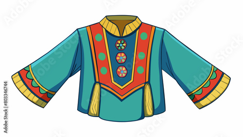 A flowy bohemianstyle shirt with billowing sleeves and intricate embroidered details. The fabric is lightweight and slightly and the colorful patterns. Cartoon Vector
