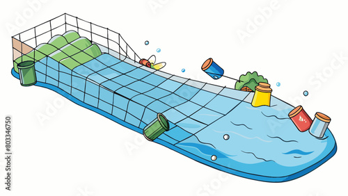 A floating transparent barrier made of plastic bottles and nets skimming the surface of a river and collecting trash and debris before it can. Cartoon Vector