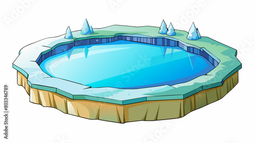 A frozen pond with a thin layer of ice covering its surface. The water beneath the ice is almost imperceptible but as the sunlight hits it it reflects. Cartoon Vector