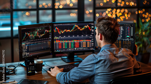 Trader or Broker Analyst Engaged in Stock Market Analysis Using Computer Technology. Business and trade concept. Imaged generated by IA