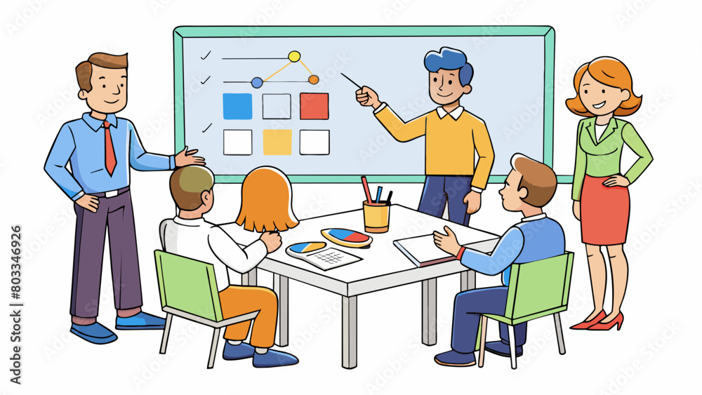 A group of coworkers in a conference room one person standing at a whiteboard and using different colored markers to draw diagrams and bullet points.. Cartoon Vector