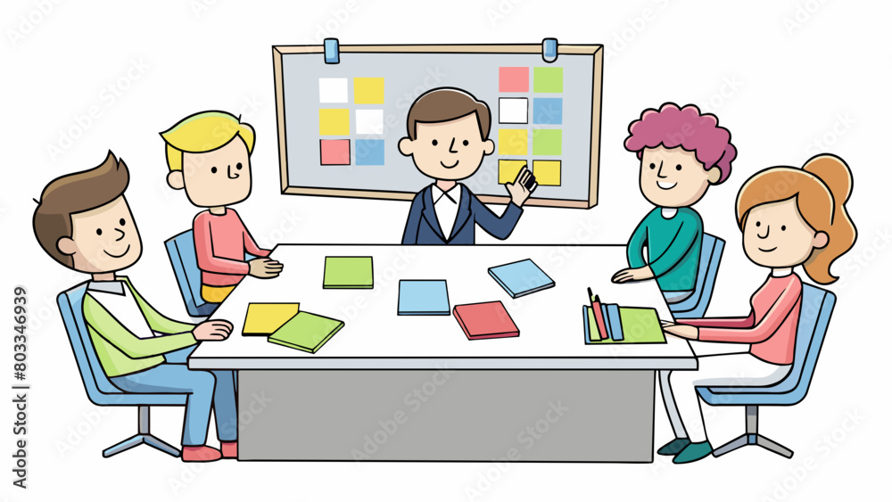 A group of coworkers sit around a conference table brainstorming ideas for a new project. The whiteboard behind them is filled with colorful sticky. Cartoon Vector A group of coworkers sit around a conference table brainstorming ideas for a new project. The whiteboard behind them is filled with colorful sticky. Cartoon Vector