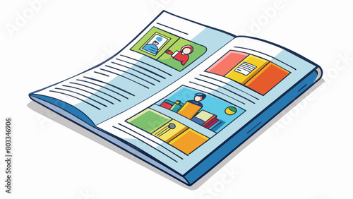 A glossy rectangular booklet filled with colorful images and text. It contains stories articles and adver and is usually printed on thin smooth paper.. Cartoon Vector