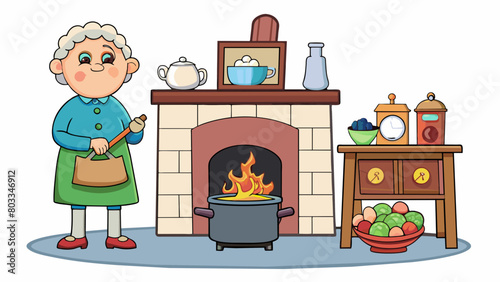 A grandmotherly figure standing in front of a large brick fireplace stirring a bubbling pot of soup. The mantel is lined with treasured family. Cartoon Vector