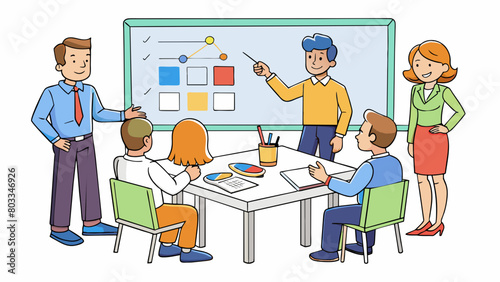 A group of coworkers in a conference room one person standing at a whiteboard and using different colored markers to draw diagrams and bullet points.. Cartoon Vector