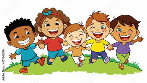 A group of children laughing and playing together in a field their faces beaming with joy and their movements full of vigor. Their carefree and lively. Cartoon Vector