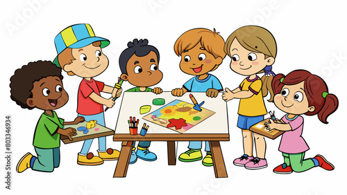 A group of children gathered around a table drawing and painting colorful pictures to be sold in an art auction to benefit a childrens hospital. The. Cartoon Vector