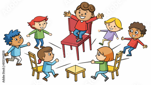 A group of children participate in a game of musical chairs where one less chair is available than the number of children. As the music plays they. Cartoon Vector