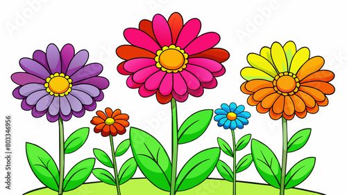 A group of flowers competing for sunlight in a garden. Each flower has vibrant colors and distinct petals trying to stand out in order to attract more. Cartoon Vector