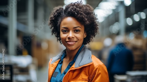 Portrait of a smiling young African American woman in a warehouse © duyina1990