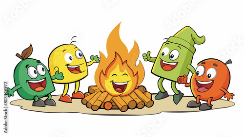 A group of friends laughing and dancing around a campfire the flickering flames casting a warm glow on their smiling faces and the sound of crickets. Cartoon Vector