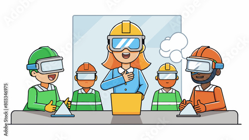 A group of employees wearing virtual reality headsets and experiencing a simulation of a hazardous situation. The training uses realistic scenarios to. Cartoon Vector