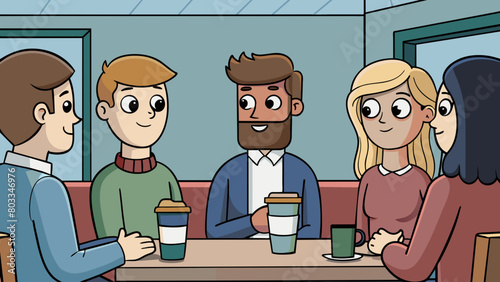 A group of friends are having a conversation at a coffee shop. Each person is listening intently to the speaker their eyes fixed on them and. Cartoon Vector