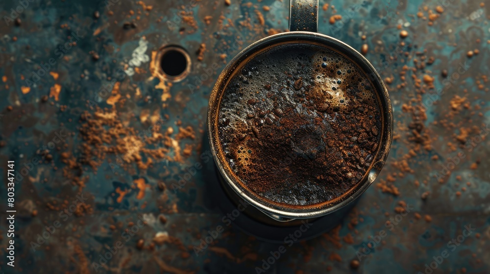 Coffee in a metal cup on a rusty background. Top view.