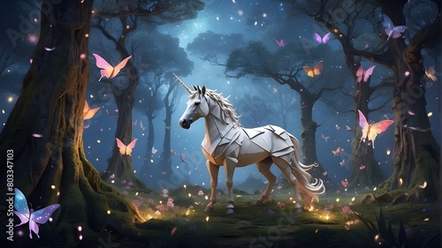 A fantastical, mystical, flying horse, unicorn, and pegasus with a realistic setting. Beautiful unicorn in the forest, dazzling in soft pastel hues for a wallpaper illustration