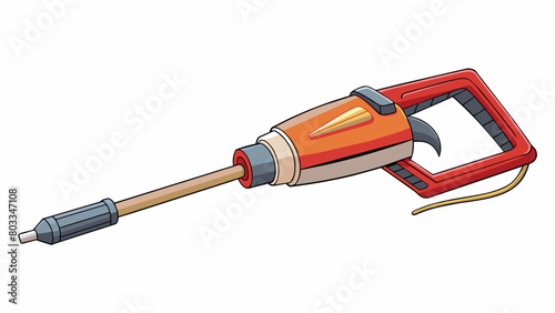 A handheld tool with a long narrow metal base and two pointed prongs on the end. It has a curved handle for gripping and a switch on the side to turn. Cartoon Vector