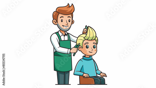 A hairstylist snipping away at a clients hair shaping it into a new and stylish . The hair falls to the floor in soft and even layers.. Cartoon Vector